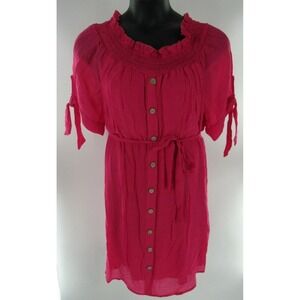 Mlle Gabrielle Women's Pink Smocked Neck Button Front Dress Tie Waist 2X NEW